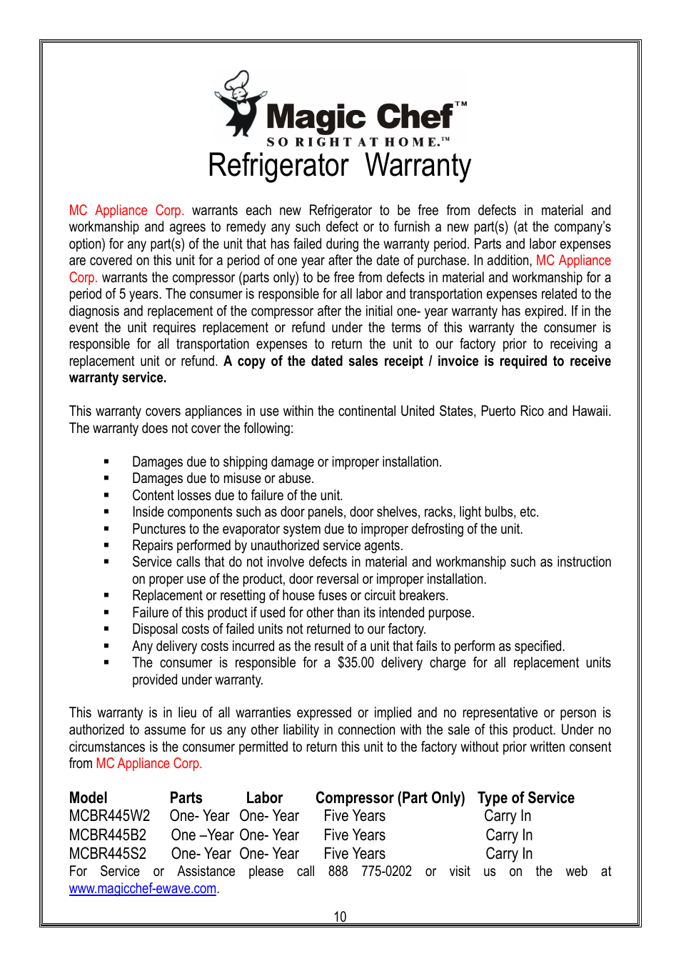 Refrigerator warranty | Magic Chef MCBR445B2 User Manual | Page 11 / 11
