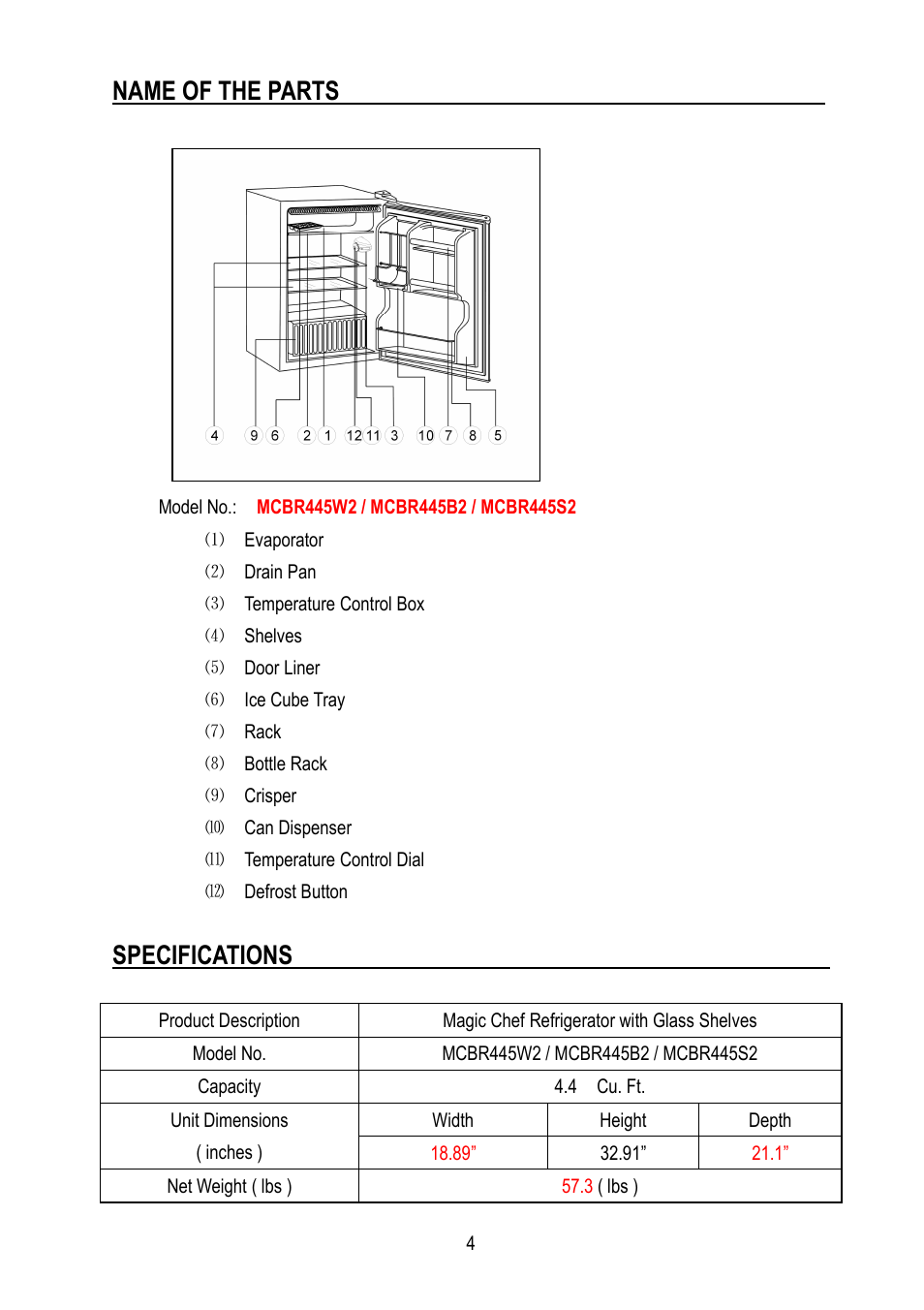 Name of the parts, Specifications | Magic Chef MCBR445B2 User Manual | Page 5 / 11