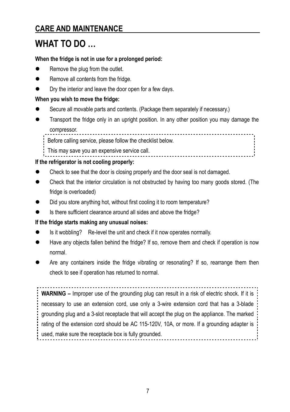 What to do, Care and maintenance | Magic Chef MCBR445B2 User Manual | Page 8 / 11