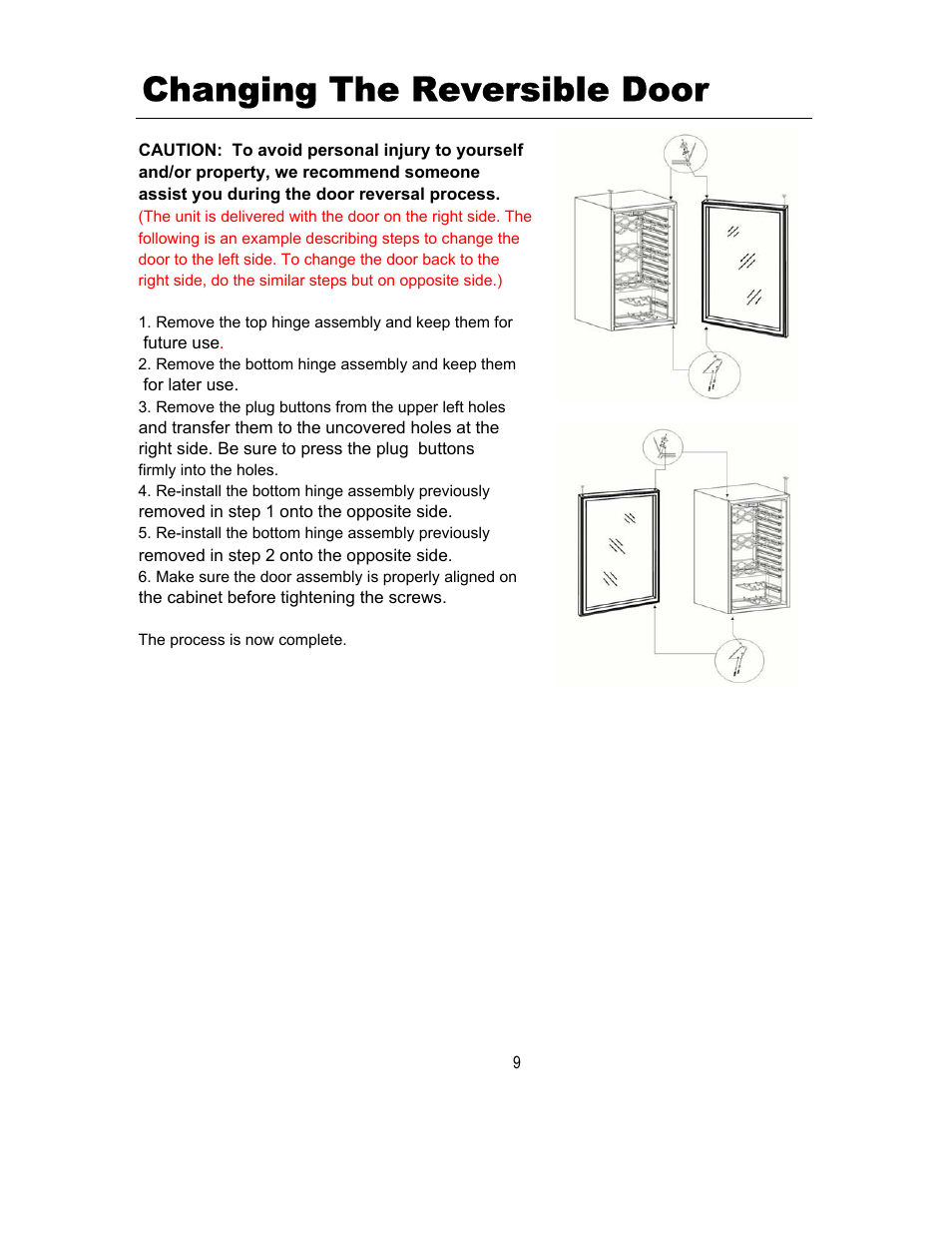 Changing the reversible door | Magic Chef Wine Cooler MCWC52B User Manual | Page 10 / 11