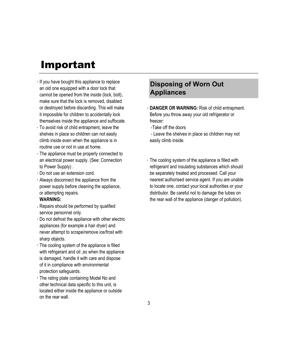 Important, Disposing of worn out appliances | Magic Chef Wine Cooler MCWC52B User Manual | Page 4 / 11