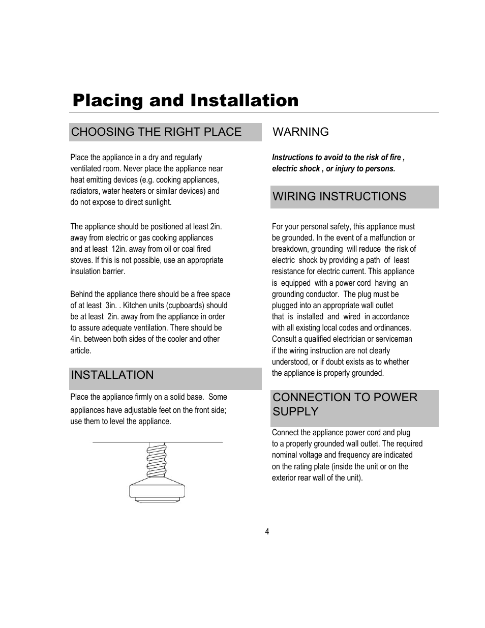 Placing and installation | Magic Chef Wine Cooler MCWC52B User Manual | Page 5 / 11