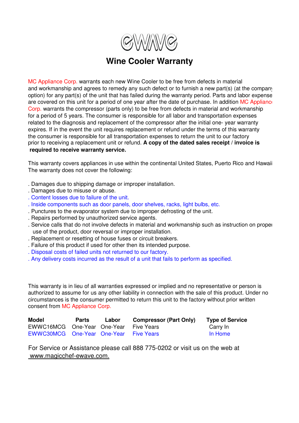 Wine cooler warranty | Magic Chef EWWC30MCG User Manual | Page 12 / 12