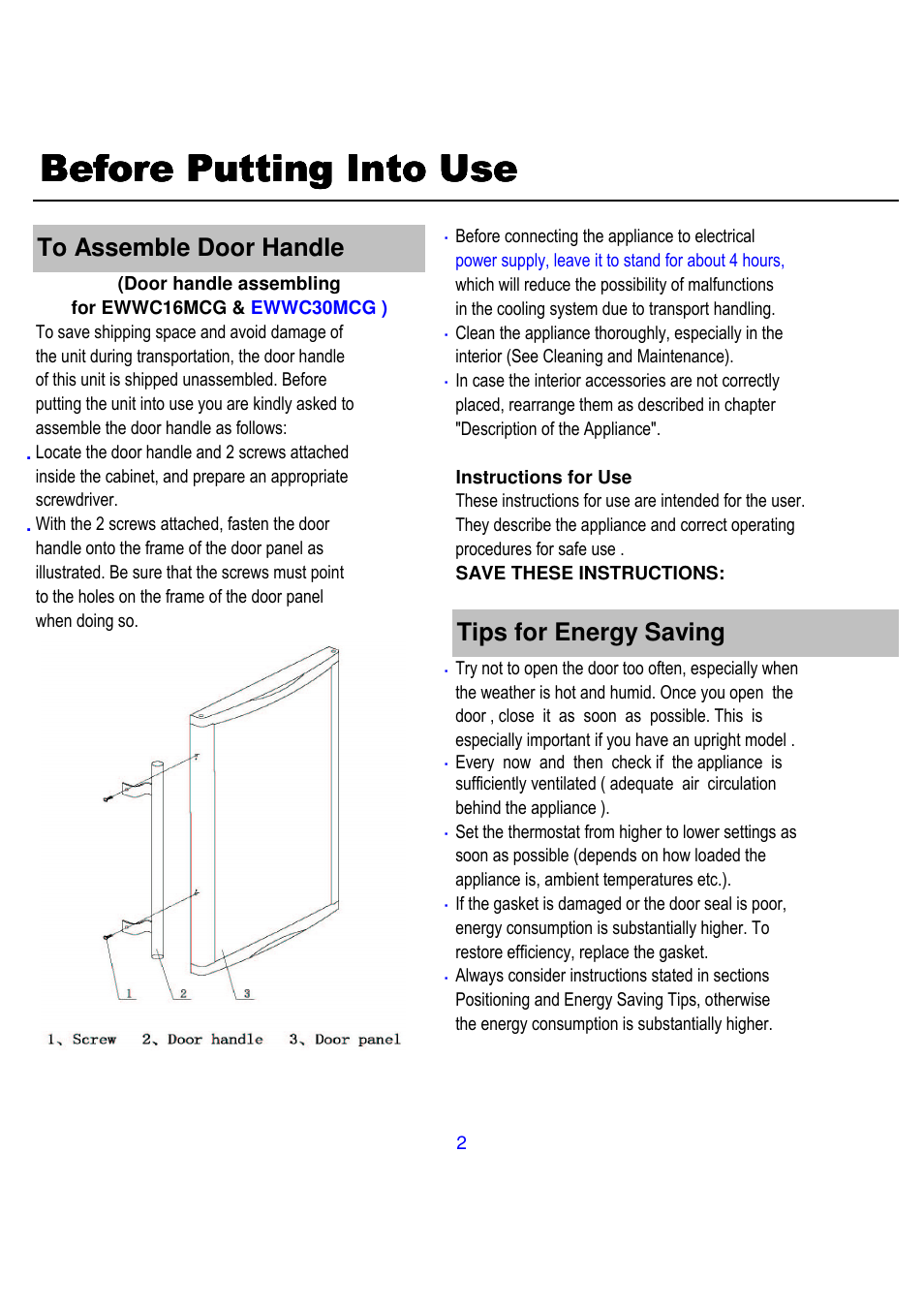 Before putting into use, Tips for energy saving | Magic Chef EWWC30MCG User Manual | Page 3 / 12