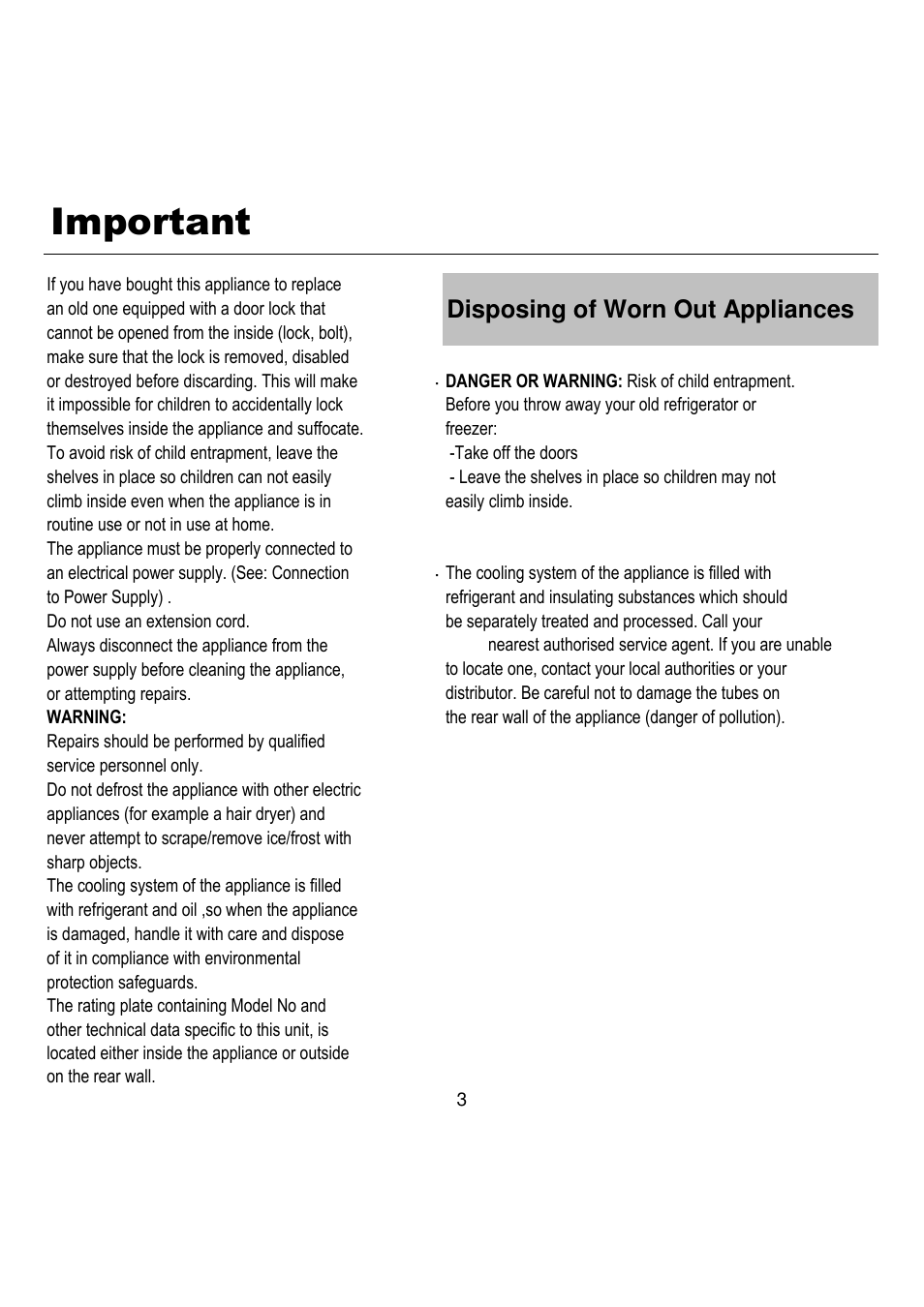 Important, Disposing of worn out appliances | Magic Chef EWWC30MCG User Manual | Page 4 / 12