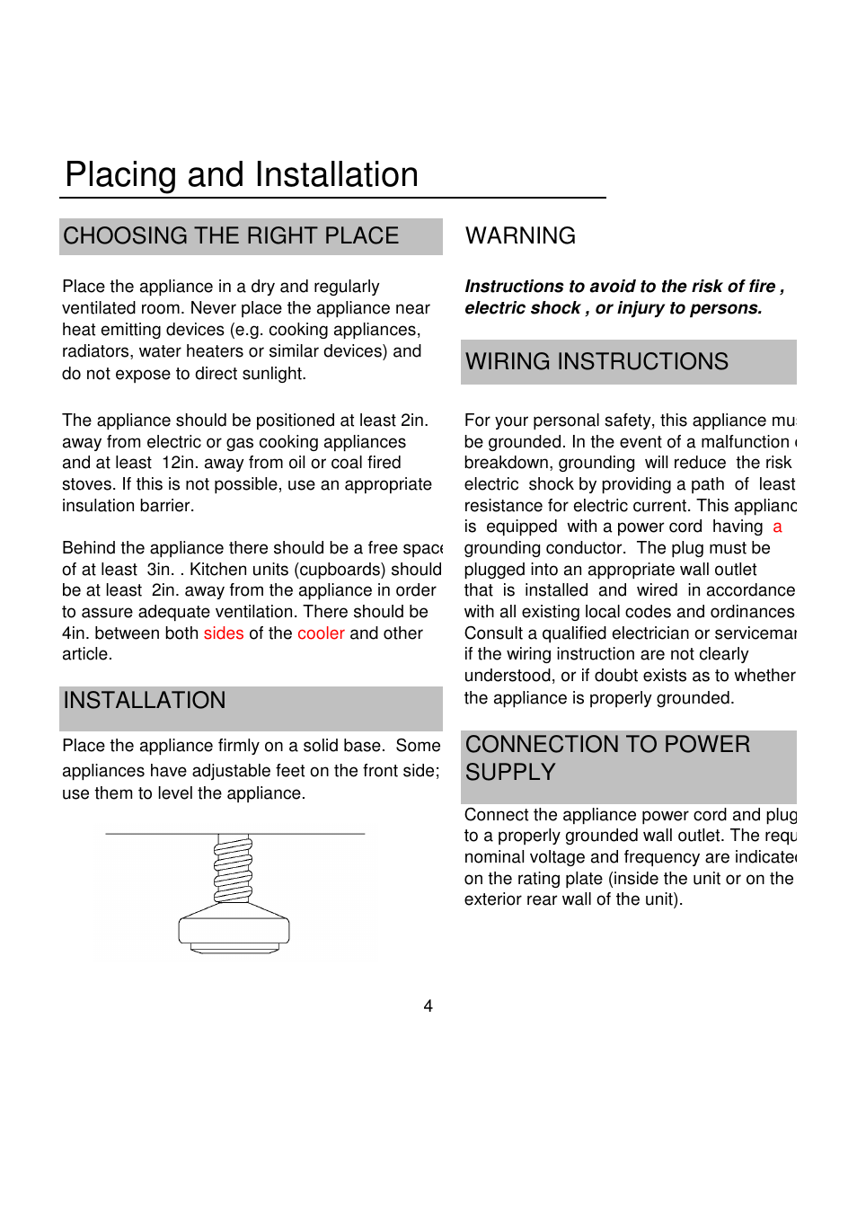 Placing and installation, Choosing the right place, Installation | Connection to power supply, Warning, Wiring instructions | Magic Chef EWWC30MCG User Manual | Page 5 / 12