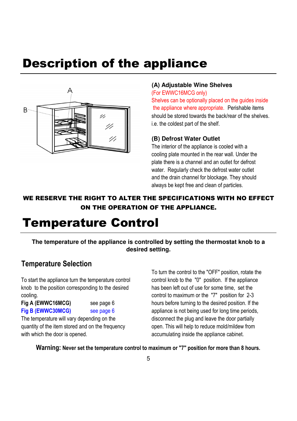 Description of the appliance, Temperature control, Temperature selection | Magic Chef EWWC30MCG User Manual | Page 6 / 12