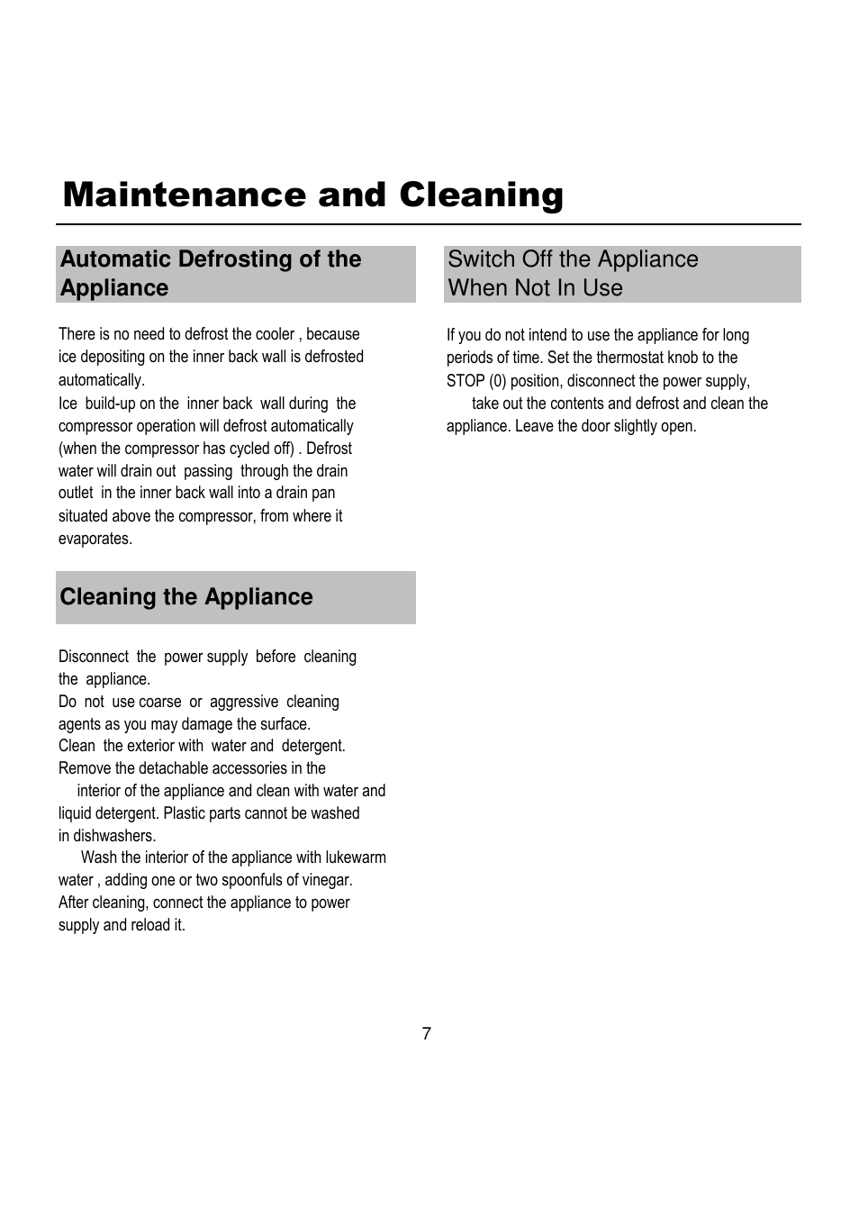 Maintenance and cleaning, Cleaning the appliance, Automatic defrosting of the appliance | Switch off the appliance when not in use | Magic Chef EWWC30MCG User Manual | Page 8 / 12