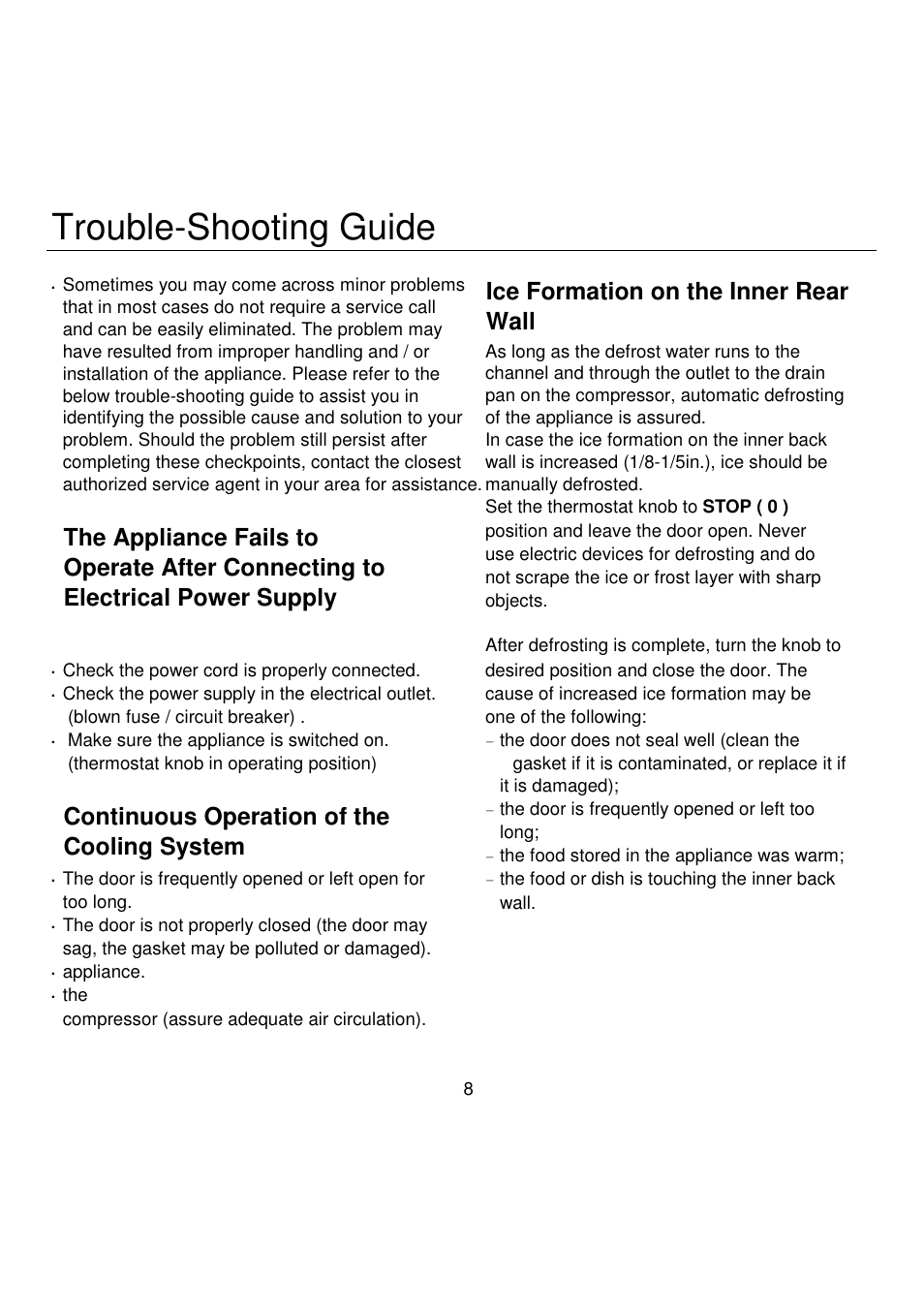 Trouble-shooting guide, Continuous operation of the cooling system, Ice formation on the inner rear wall | Magic Chef EWWC30MCG User Manual | Page 9 / 12