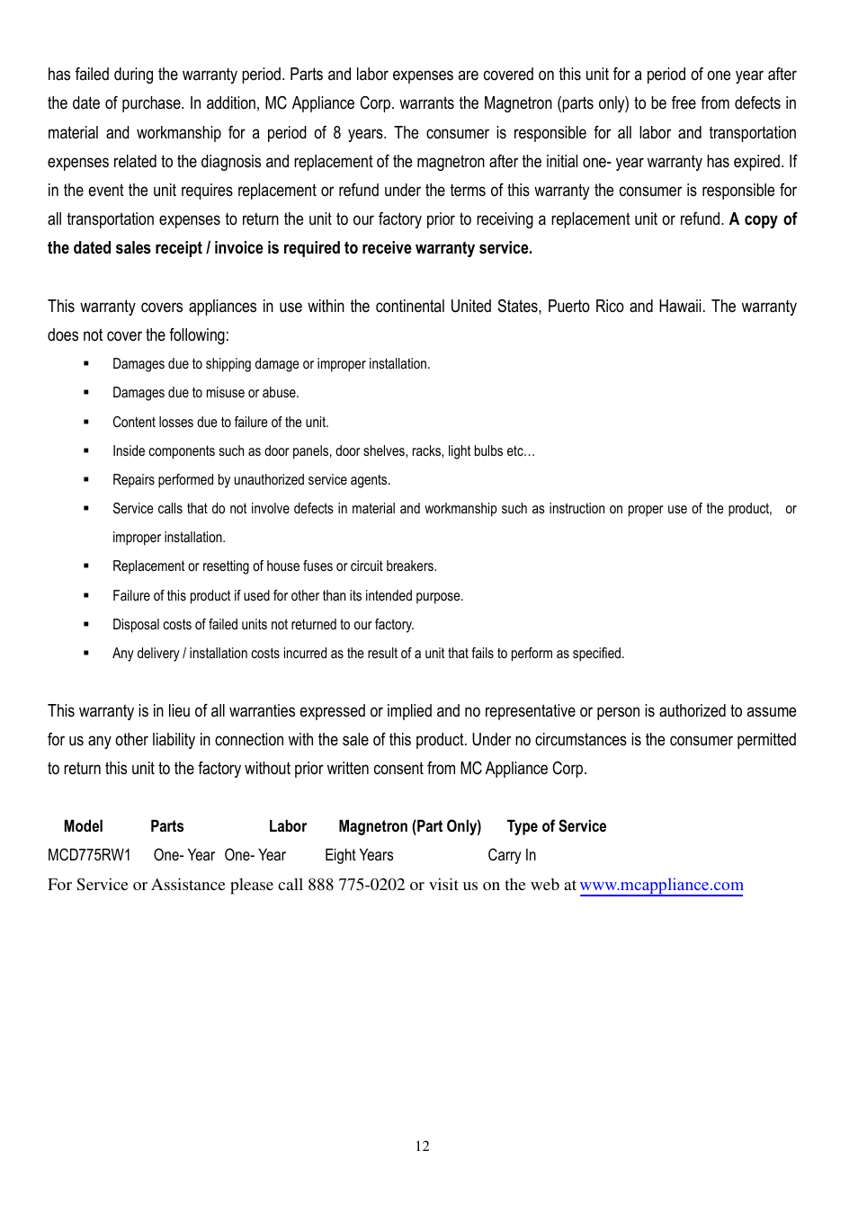 Magic Chef MCD775RW1 User Manual | Page 13 / 13