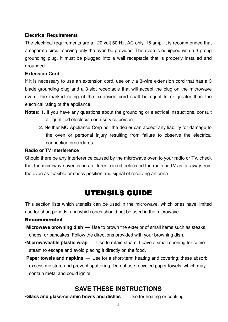 Utensils guide, Save these instructions | Magic Chef MCD775RW1 User Manual | Page 6 / 13