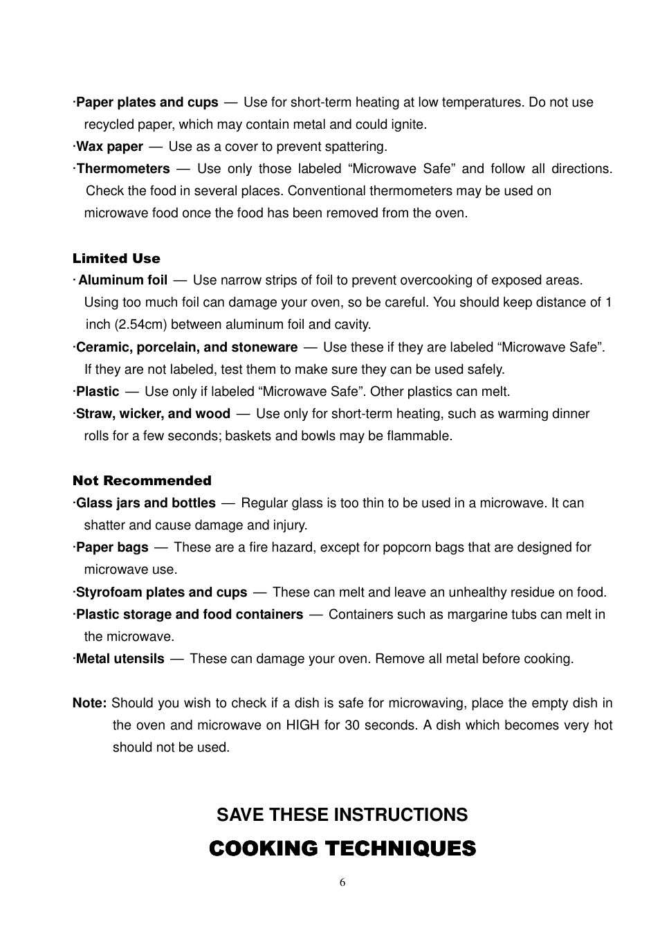 Cooking techniques, Save these instructions | Magic Chef MCD775RW1 User Manual | Page 7 / 13