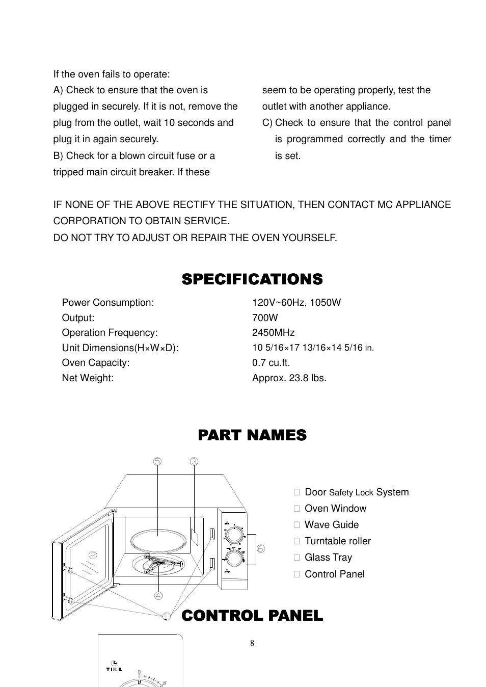 Specifications, Part names part names part names part names, Control panel | Magic Chef MCD775RW1 User Manual | Page 9 / 13