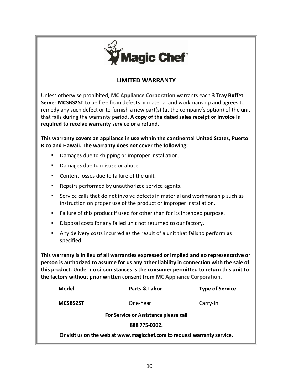 Magic Chef 3 TRAY MCSBS2ST User Manual | Page 10 / 10