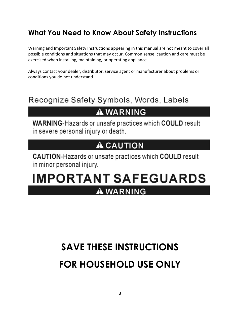 Save these instructions for household use only, What you need to know about safety instructions | Magic Chef 3 TRAY MCSBS2ST User Manual | Page 3 / 10