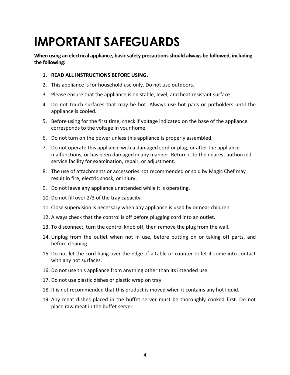 Important safeguards | Magic Chef 3 TRAY MCSBS2ST User Manual | Page 4 / 10