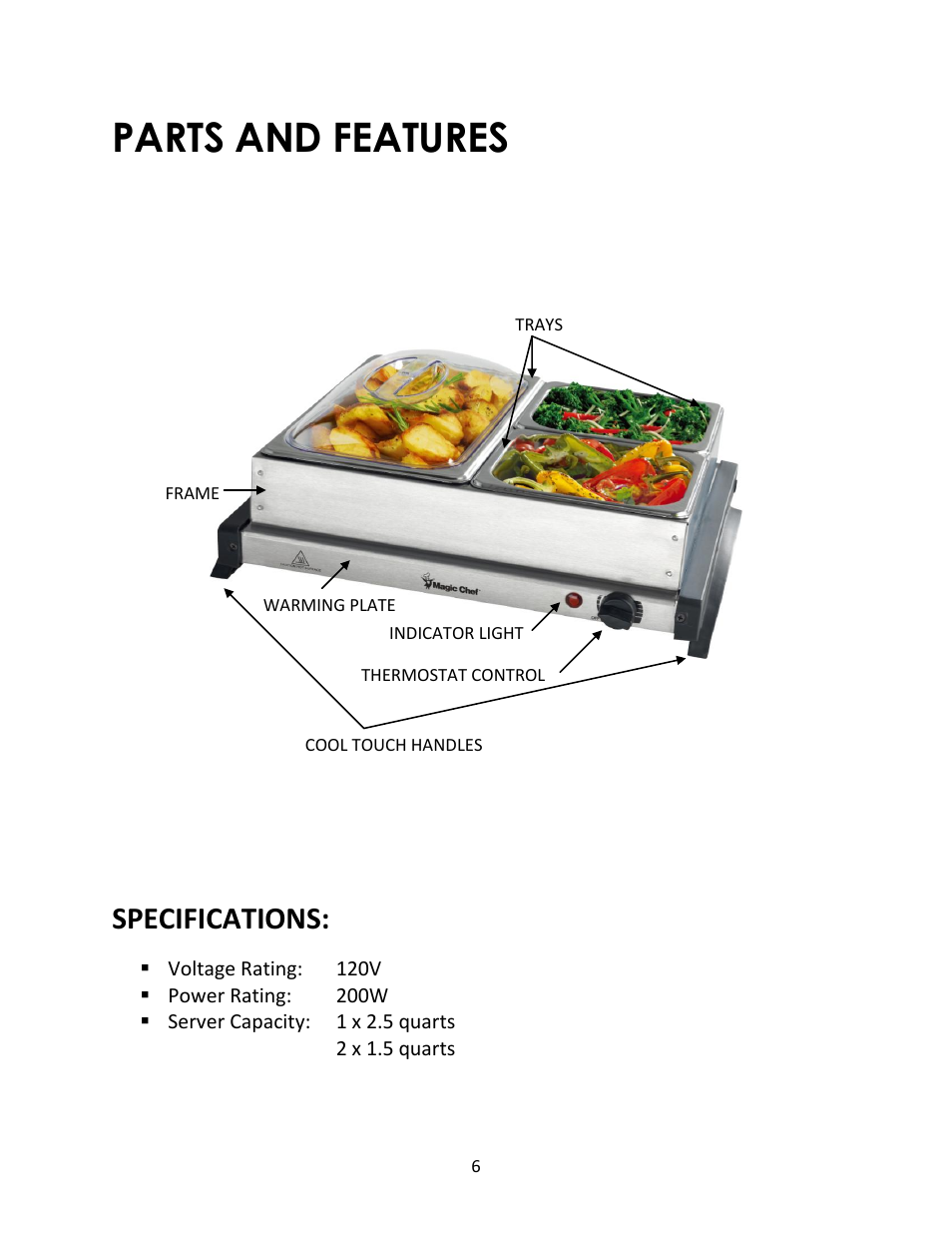 Parts and features, Specifications | Magic Chef 3 TRAY MCSBS2ST User Manual | Page 6 / 10