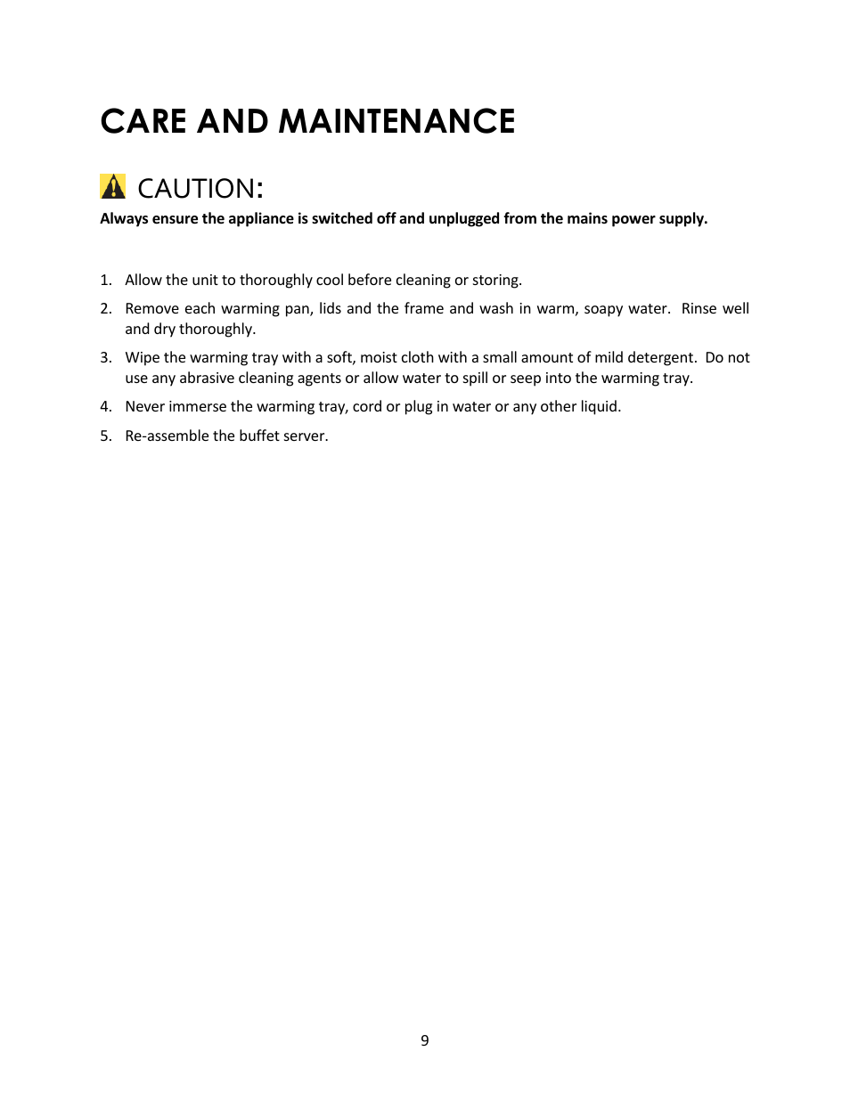Care and maintenance, Caution | Magic Chef 3 TRAY MCSBS2ST User Manual | Page 9 / 10
