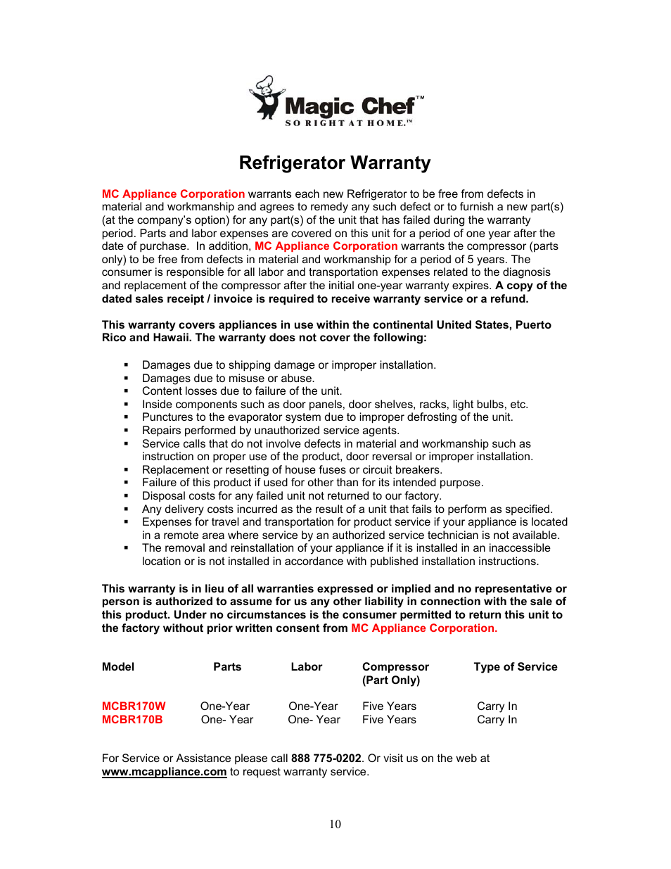 Refrigerator warranty | Magic Chef MCBR170B User Manual | Page 11 / 11