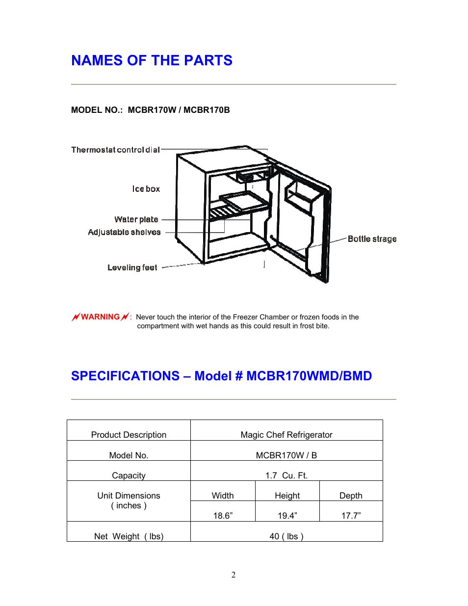 Names of the parts, Specifications – model # mcbr170wmd/bmd | Magic Chef MCBR170B User Manual | Page 3 / 11