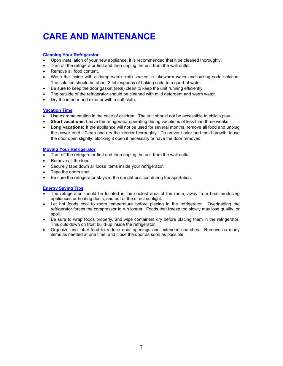 Care and maintenance | Magic Chef MCBR170B User Manual | Page 8 / 11