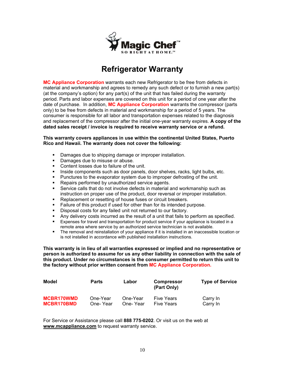 Refrigerator warranty | Magic Chef MCBR170BMD User Manual | Page 11 / 11