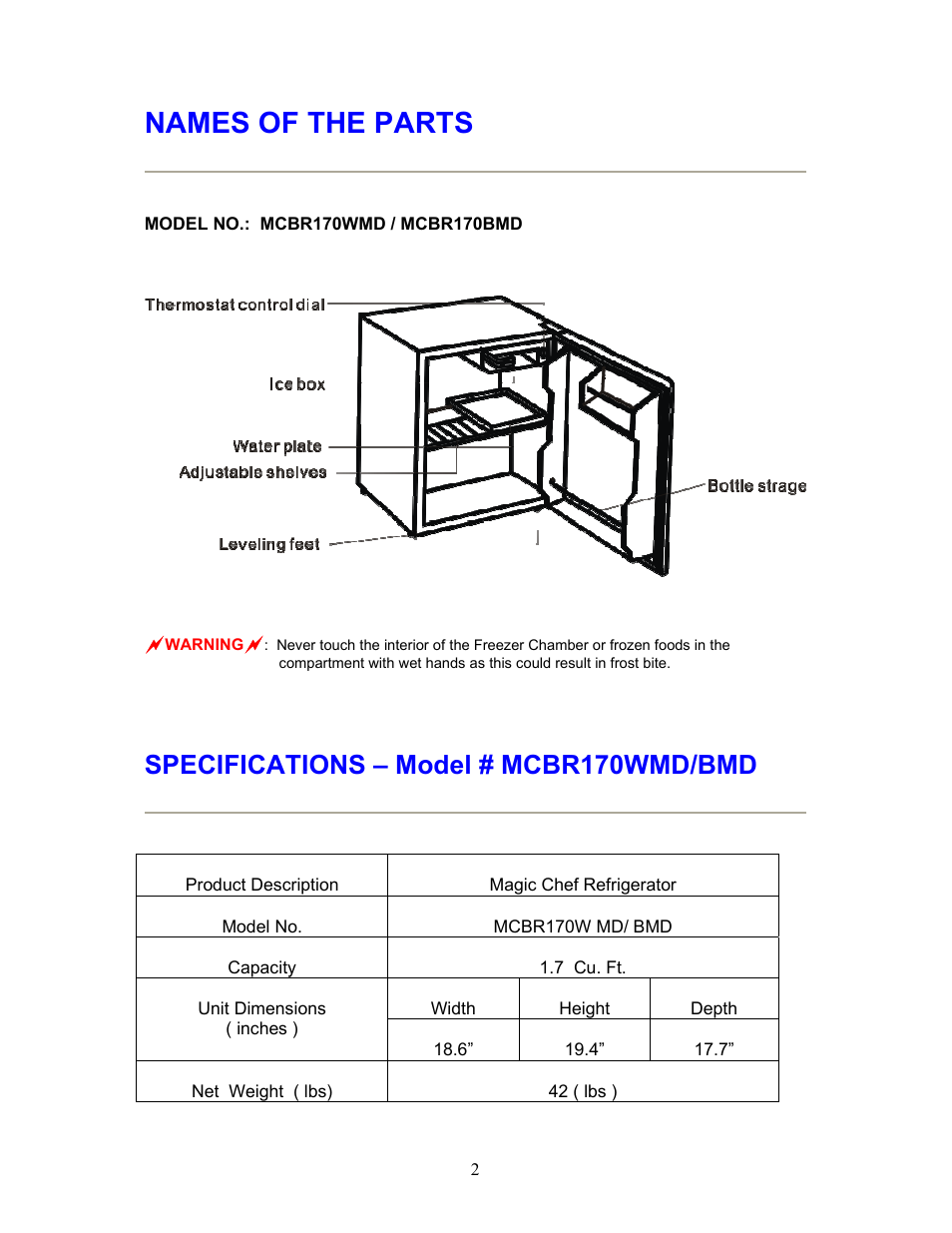 Names of the parts, Specifications – model # mcbr170wmd/bmd | Magic Chef MCBR170BMD User Manual | Page 3 / 11