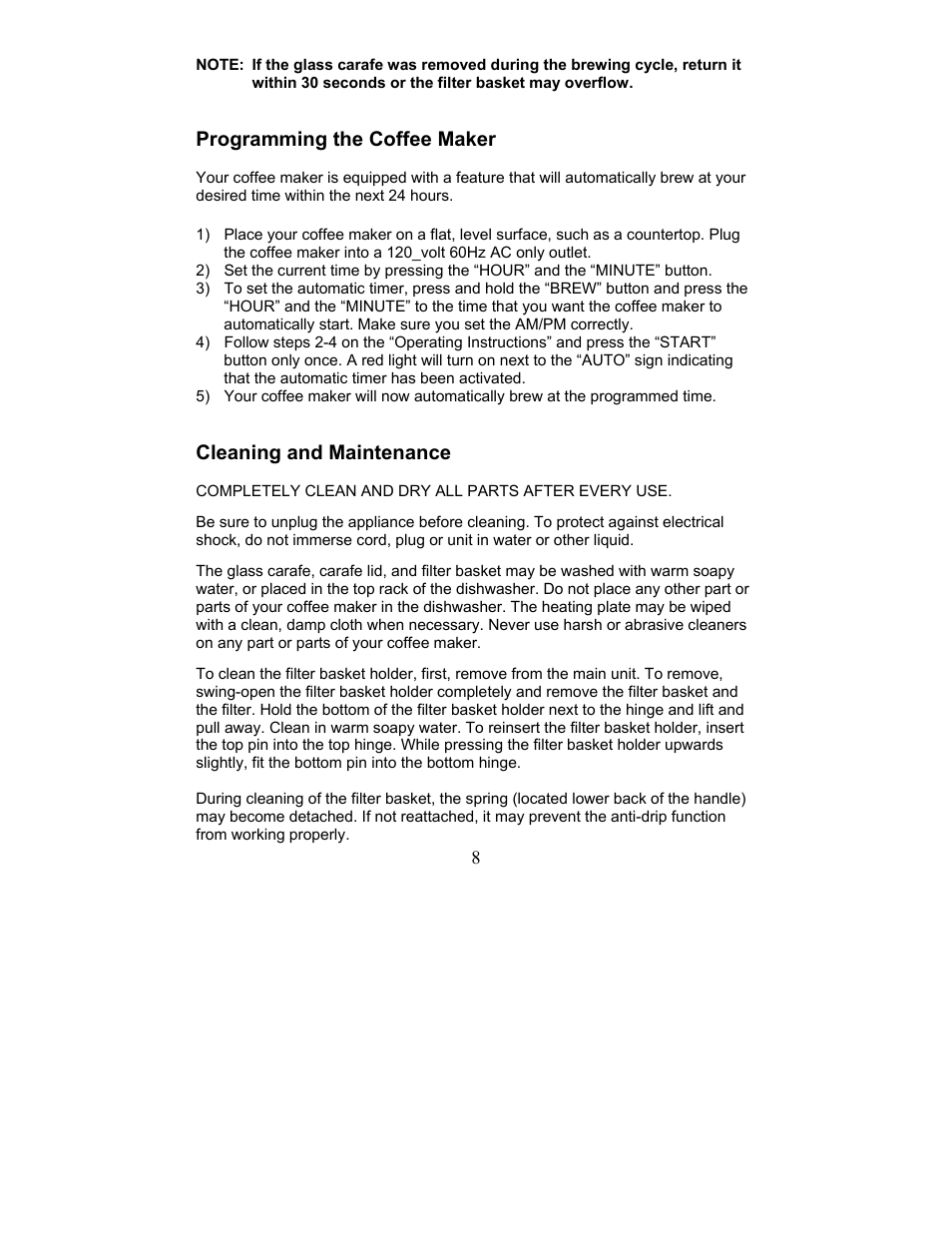 Programming the coffee maker, Cleaning and maintenance | Magic Chef MCCM1TB12 User Manual | Page 8 / 21