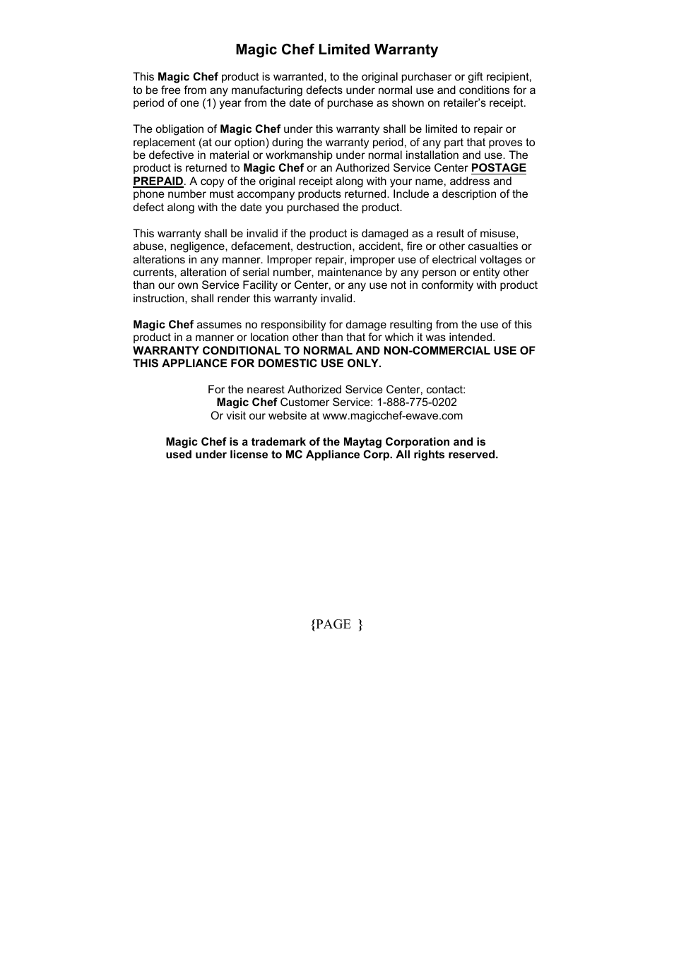 Magic chef limited warranty | Magic Chef MCCM1NW12 User Manual | Page 10 / 20