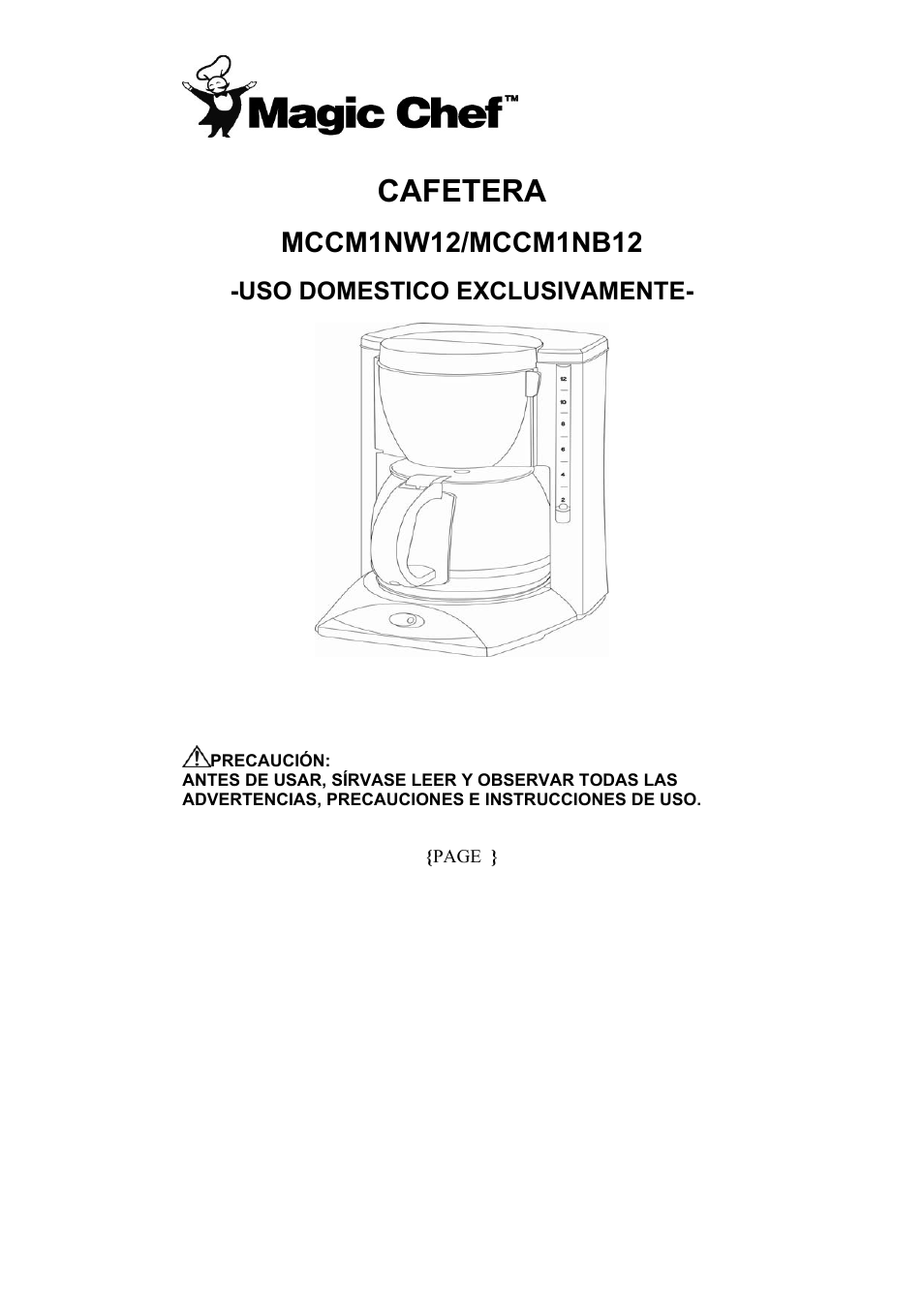 Cafetera, Mccm1nw12/mccm1nb12, Uso domestico exclusivamente | Magic Chef MCCM1NW12 User Manual | Page 11 / 20