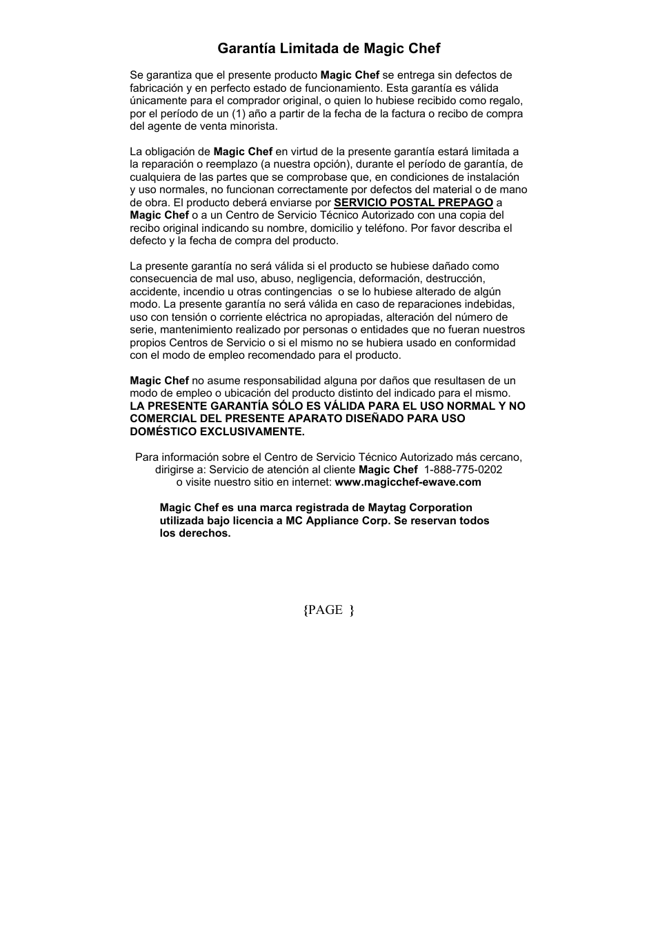 Magic Chef MCCM1NW12 User Manual | Page 20 / 20