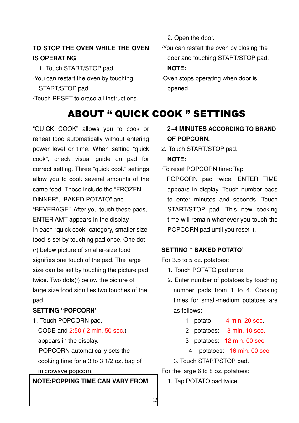 About “ quick cook ” settings | Magic Chef MCD775ST User Manual | Page 14 / 17