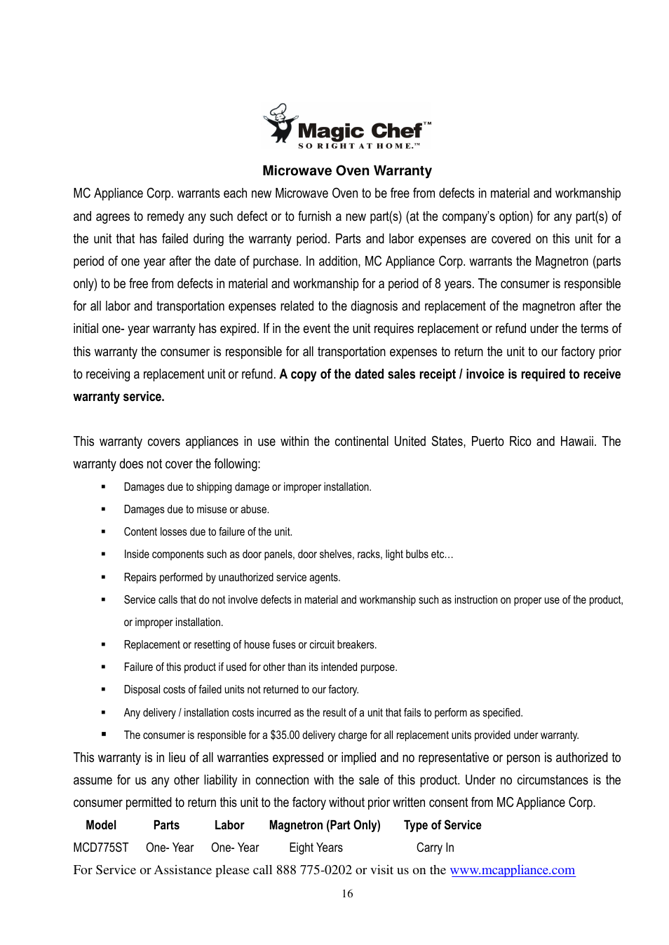 Magic Chef MCD775ST User Manual | Page 17 / 17