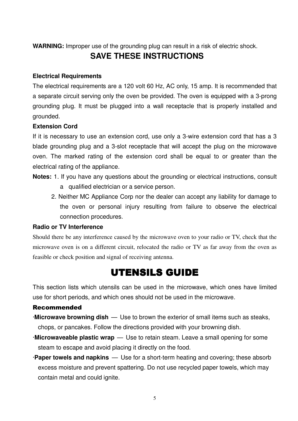 Utensils guide, Save these instructions | Magic Chef MCD775ST User Manual | Page 6 / 17