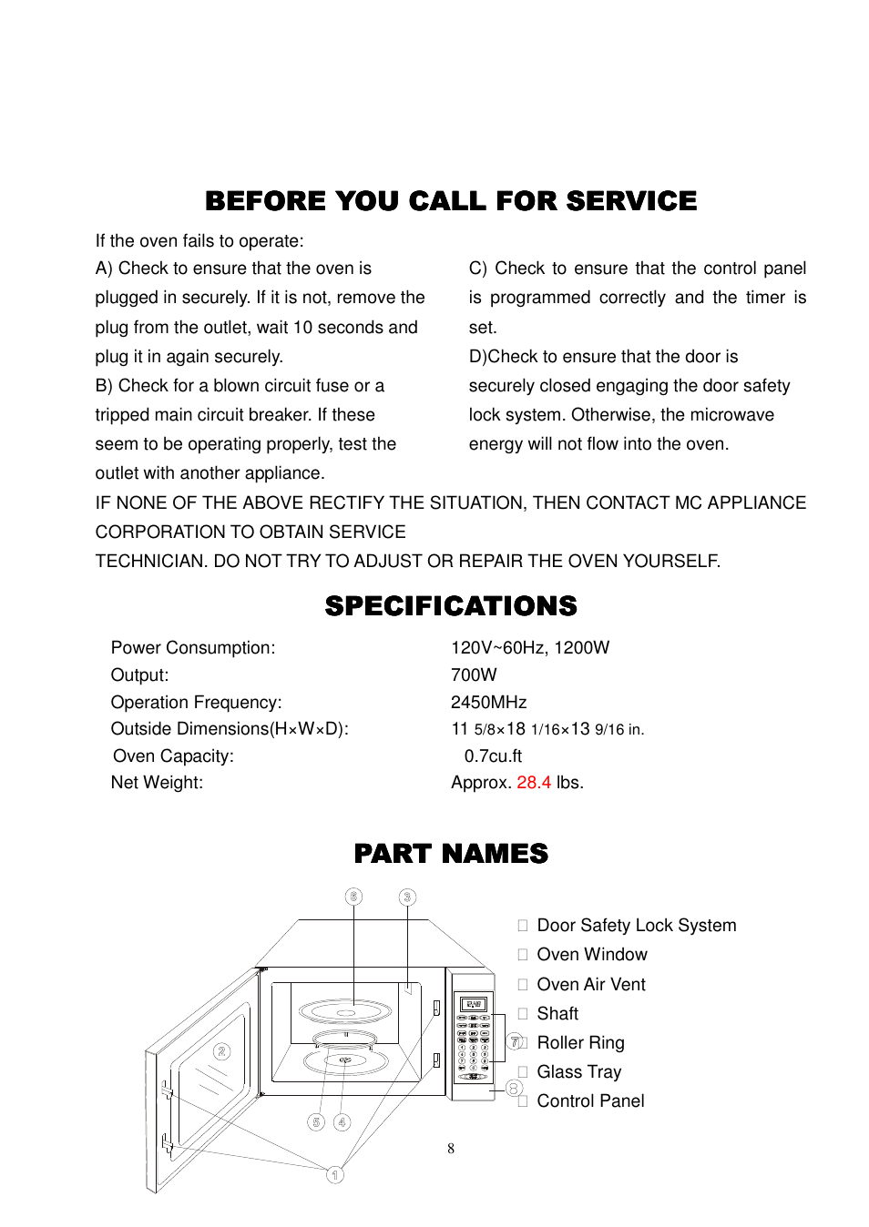 Before you call for service, Specifications, Part names | Magic Chef MCD775ST User Manual | Page 9 / 17