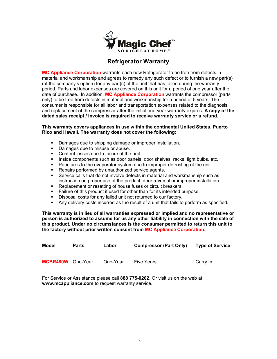 Refrigerator warranty | Magic Chef MCBR480W User Manual | Page 14 / 14
