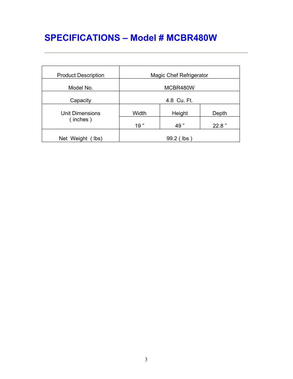 Specifications – model # mcbr480w | Magic Chef MCBR480W User Manual | Page 4 / 14