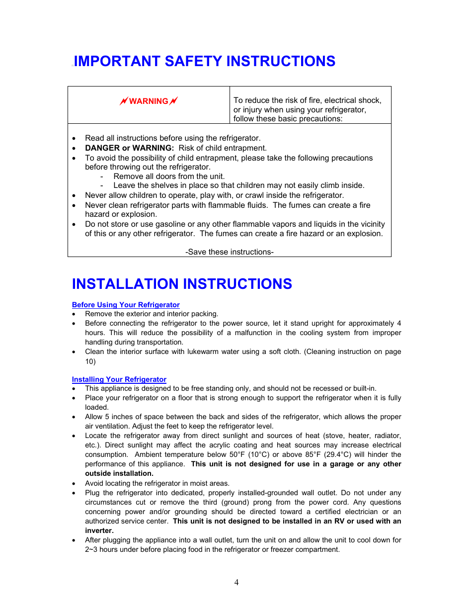 Important safety instructions, Installation instructions | Magic Chef MCBR480W User Manual | Page 5 / 14