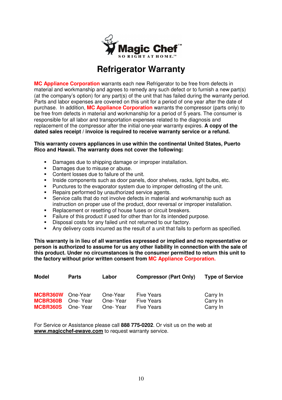 Refrigerator warranty | Magic Chef MCBR360B User Manual | Page 11 / 11