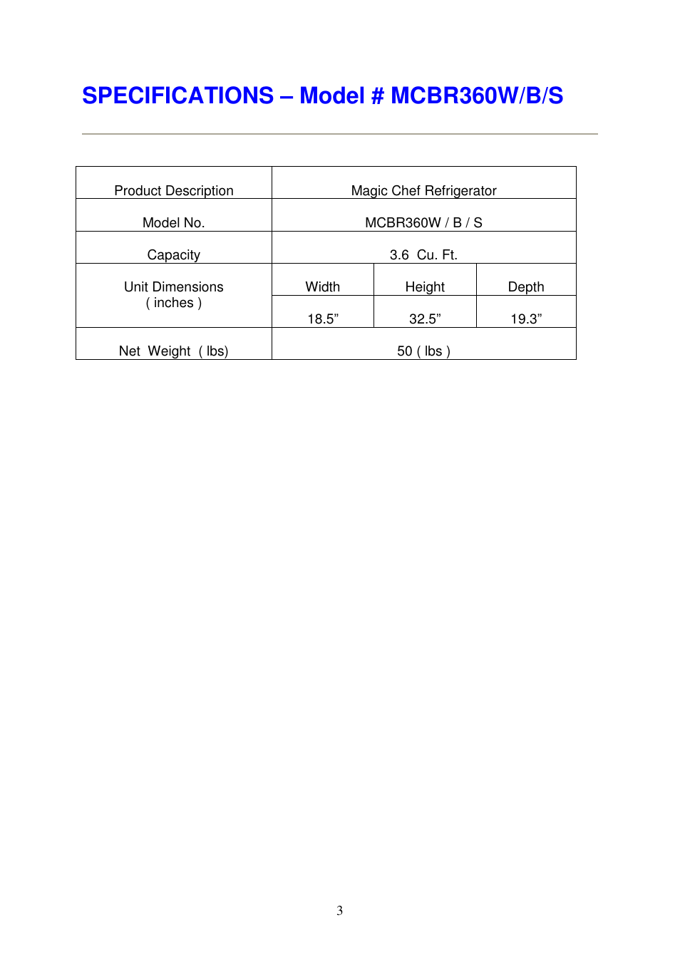 Specifications – model # mcbr360w/b/s | Magic Chef MCBR360B User Manual | Page 4 / 11