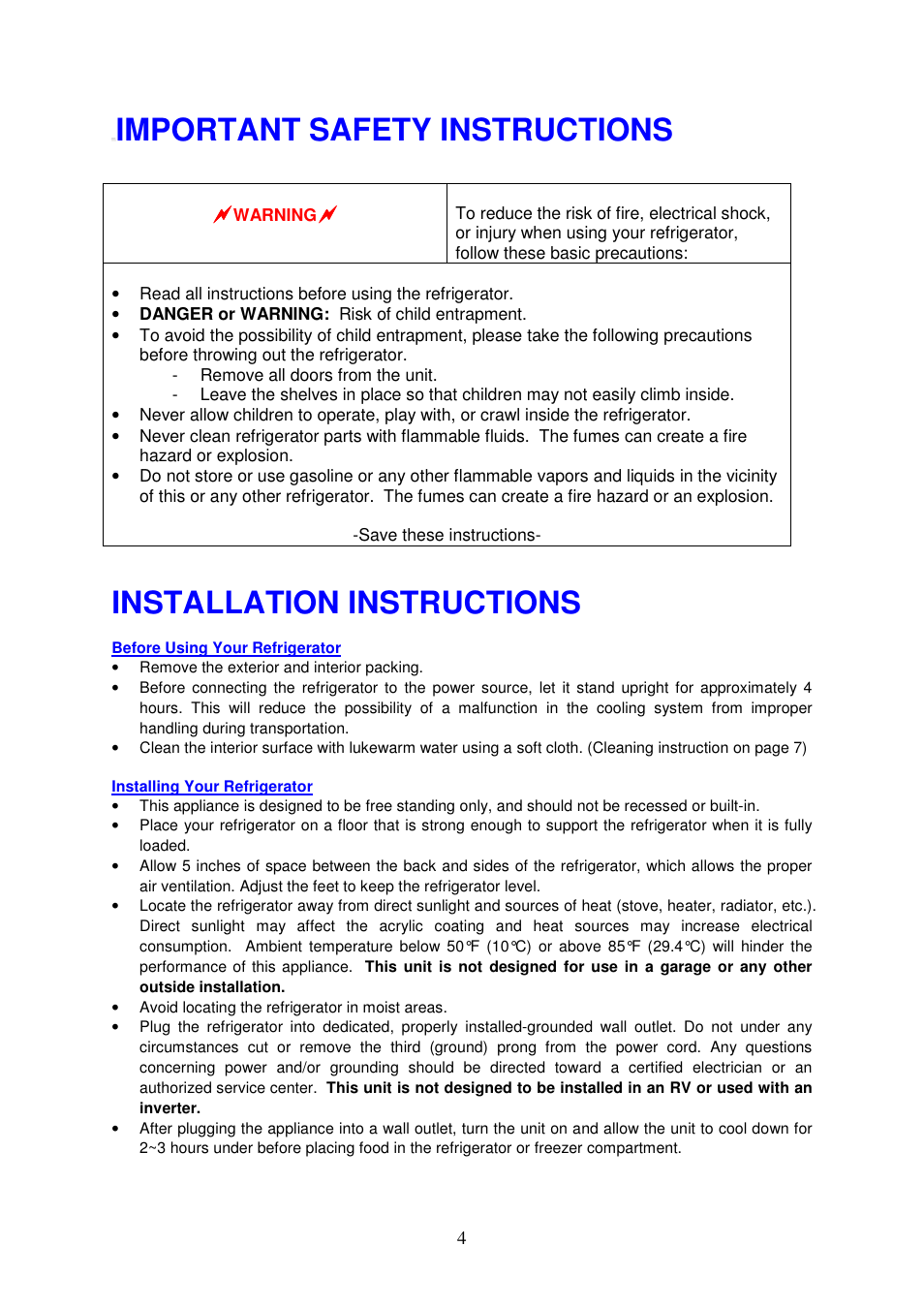 Important safety instructions, Installation instructions | Magic Chef MCBR360B User Manual | Page 5 / 11