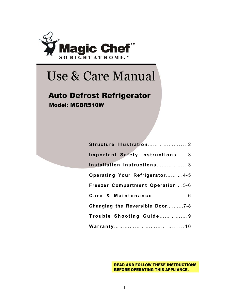 Magic Chef MCBR510W User Manual | 10 pages