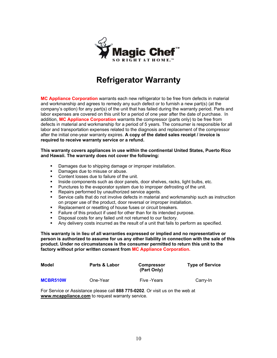 Refrigerator warranty | Magic Chef MCBR510W User Manual | Page 10 / 10