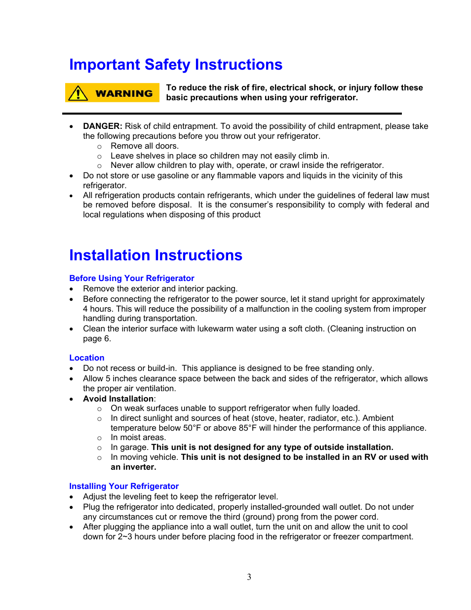 Important safety instructions, Installation instructions | Magic Chef MCBR510W User Manual | Page 3 / 10