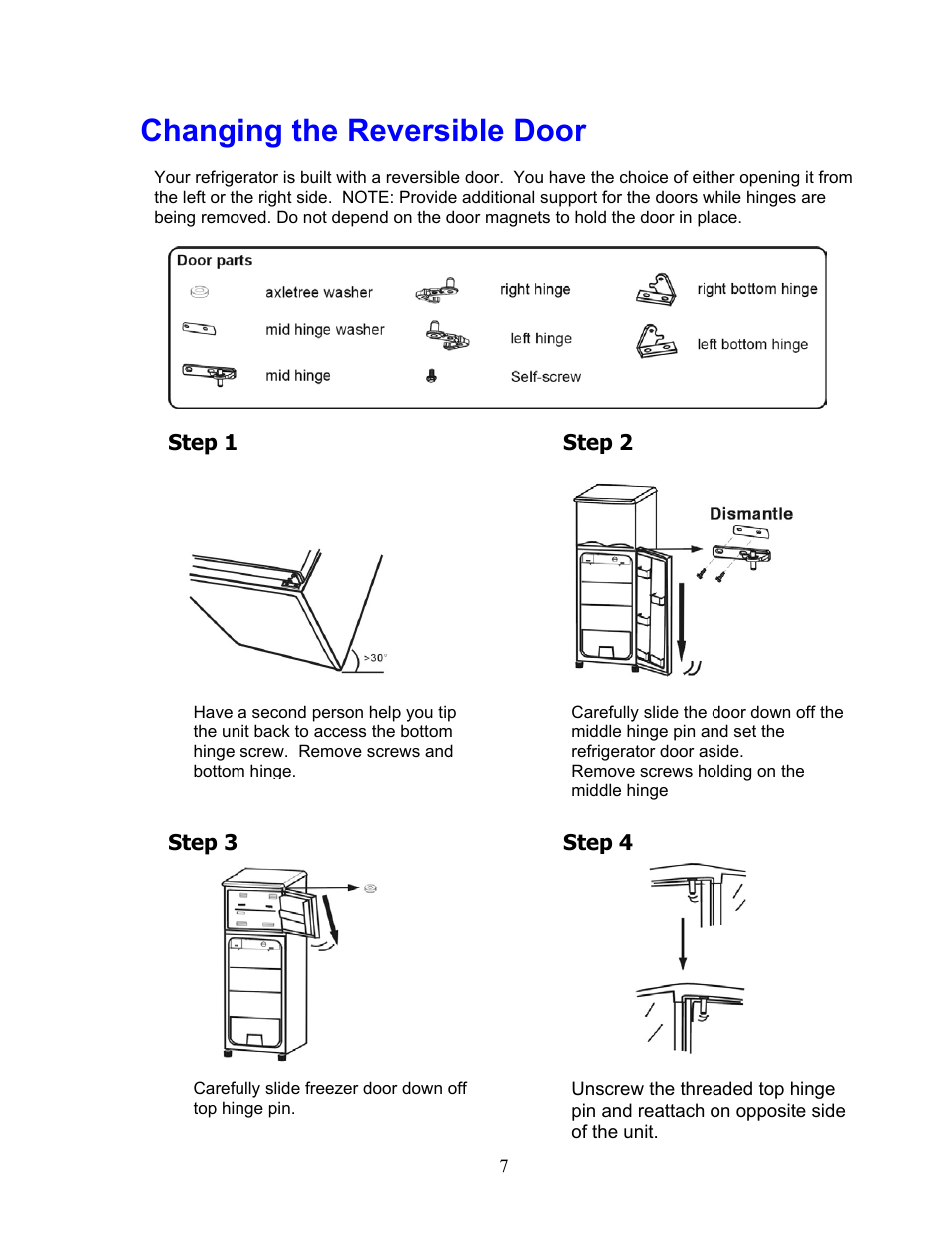 Changing the reversible door | Magic Chef MCBR510W User Manual | Page 7 / 10