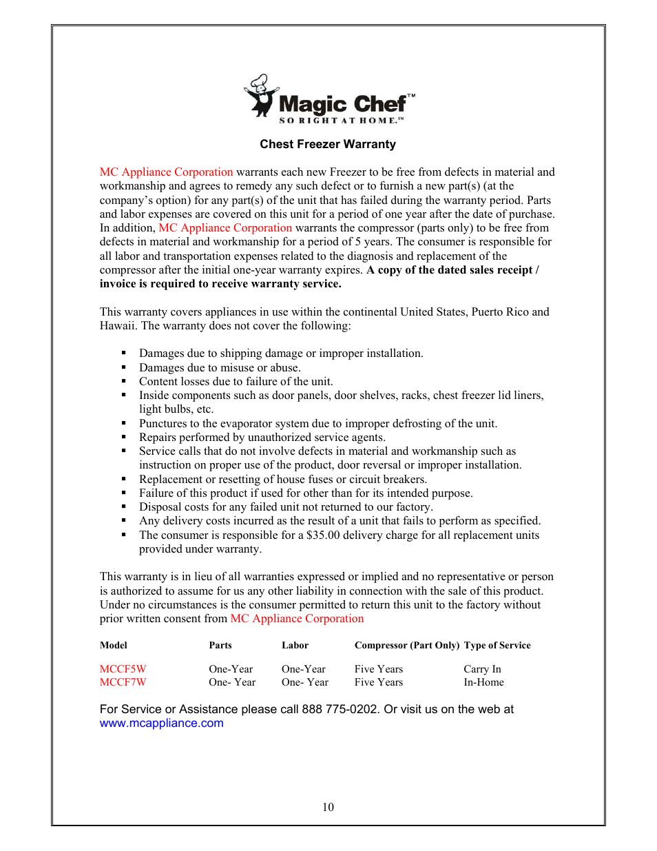 Magic Chef MCCF5W User Manual | Page 11 / 11
