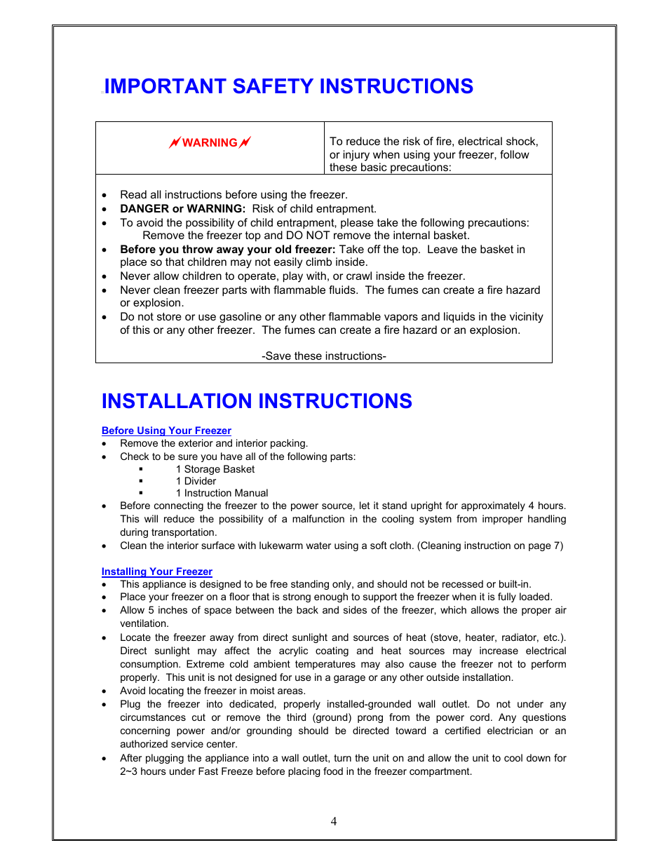 Important safety instructions, Installation instructions | Magic Chef MCCF5W User Manual | Page 5 / 11