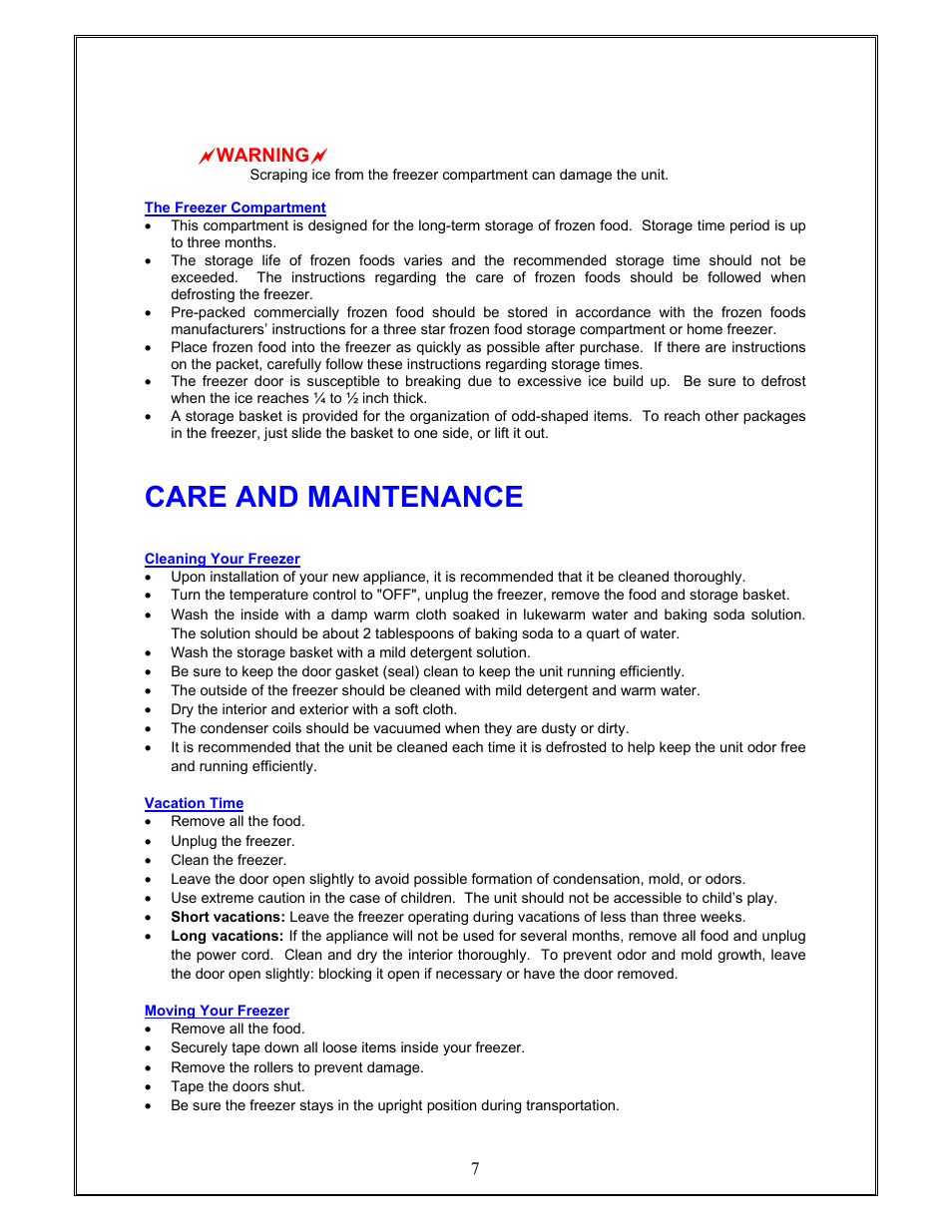 Care and maintenance, Awarning a | Magic Chef MCCF5W User Manual | Page 8 / 11