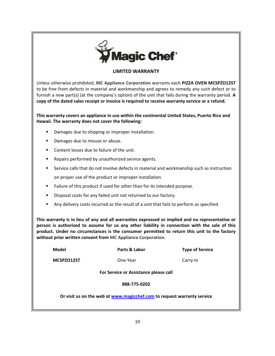 Magic Chef MCSPZO12ST User Manual | Page 10 / 10