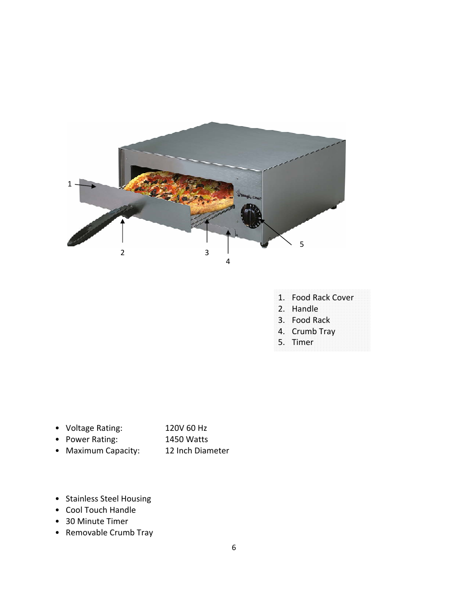 Parts and features, Specifications, Features | Magic Chef MCSPZO12ST User Manual | Page 6 / 10